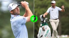 Sam Burns hits an iron shot and stands by his bag