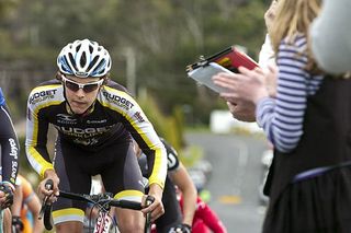Joshua Prete (Budget Forklifts) receives some encouragement on the climb in Devonport.