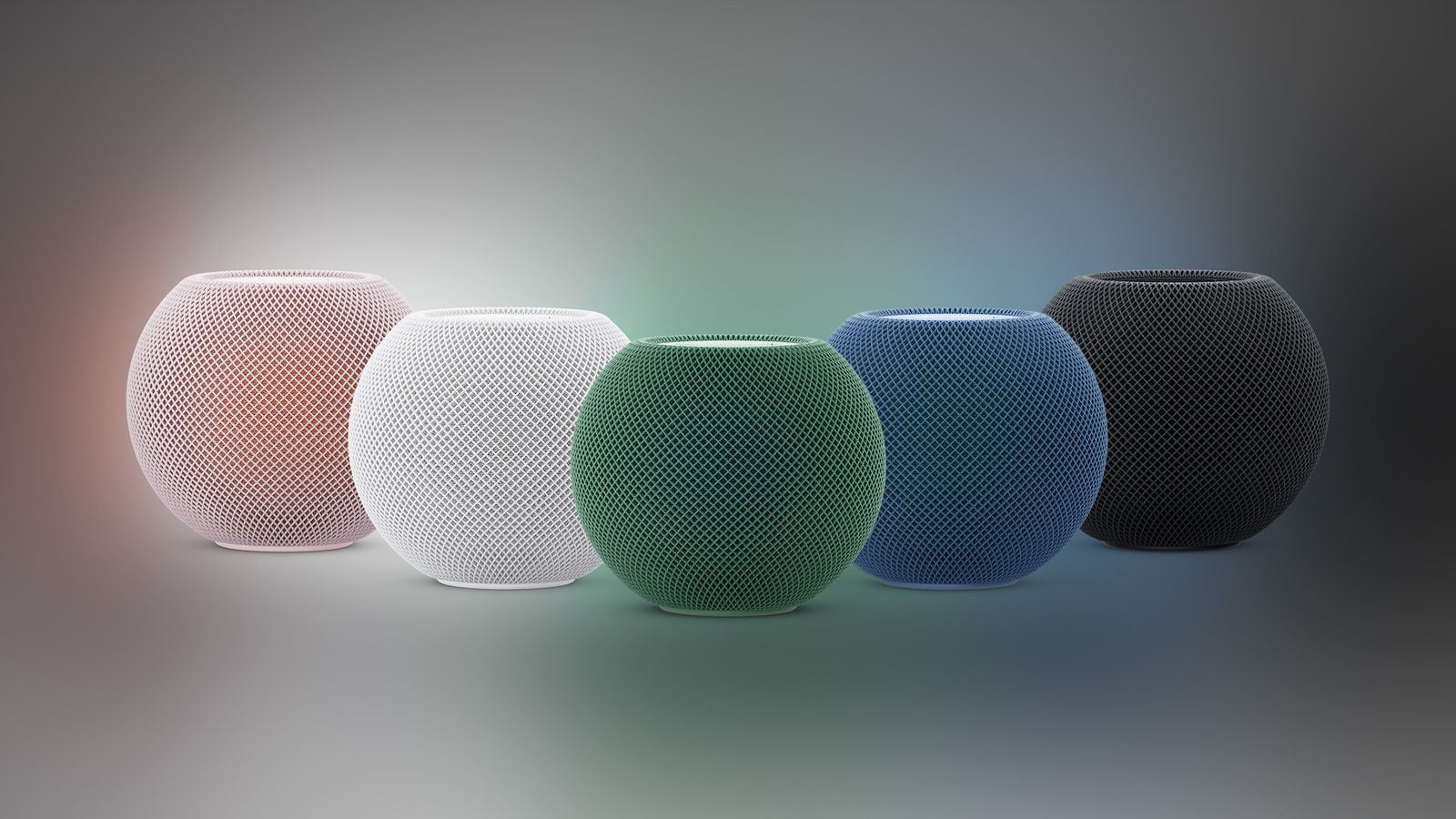 HomePod Mini 2 in various colours arranged in a row