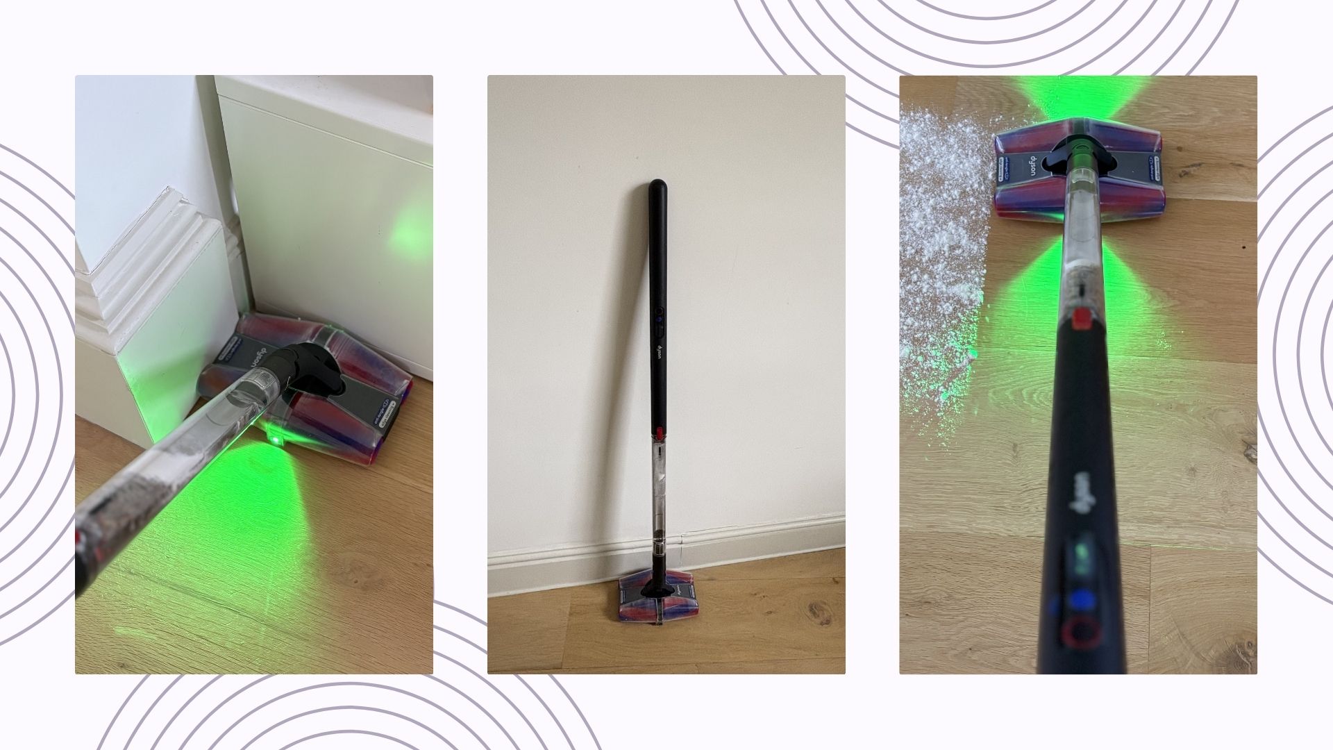 Three images of the Dyson PencilVac Fluffycones Vacuum being tested in our home: the left shows it in a corner, the middle shows it propped against a wall, and the right shows it vacuuming flour