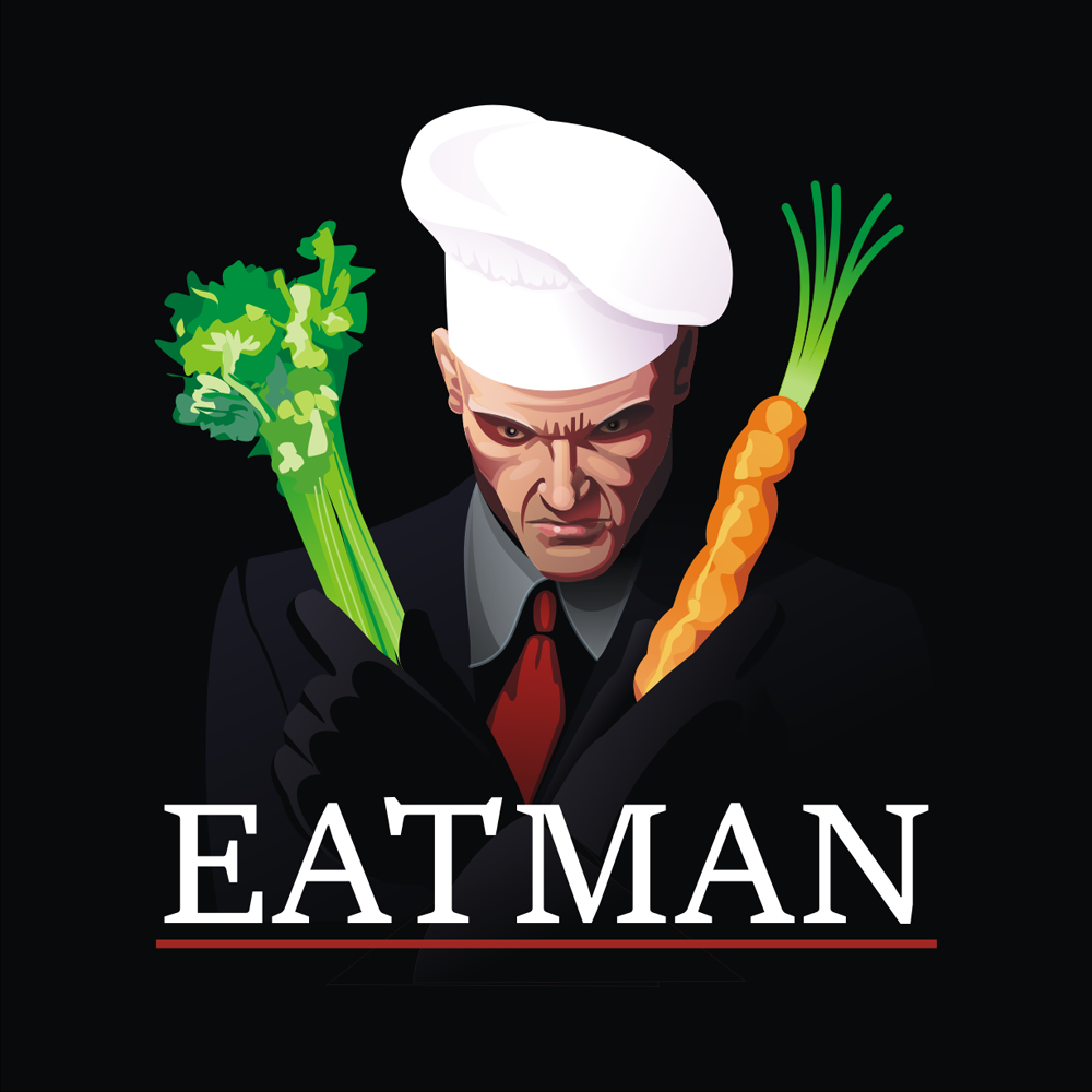 Eatman text with chef and carrot and celery above it