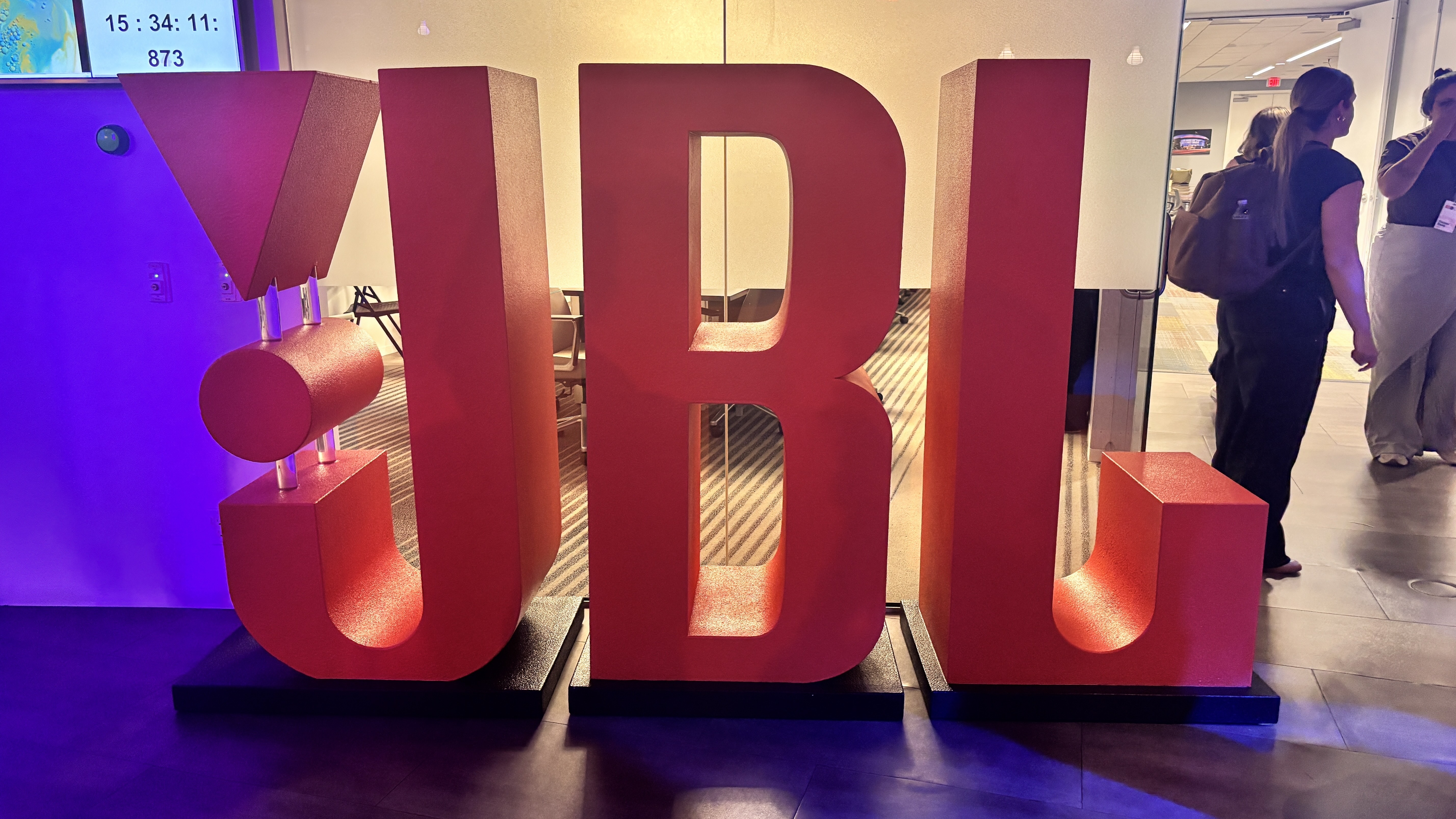 The JBL logo as a large orange sign at JBL / Harman headquarters