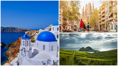 Iconic roofs of Santorini; the Sagrada Familia in Barcelona; greenery in Ireland.