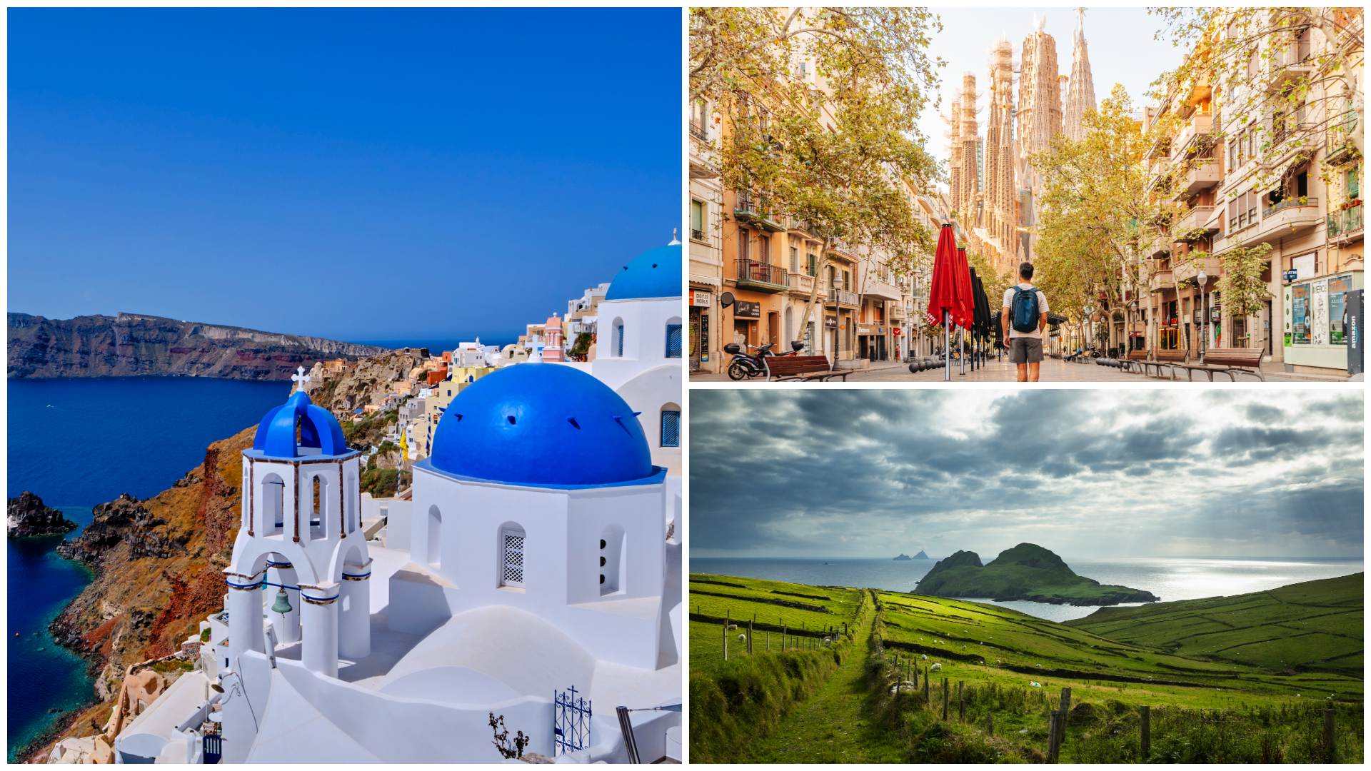 Iconic roofs of Santorini; the Sagrada Familia in Barcelona; greenery in Ireland.