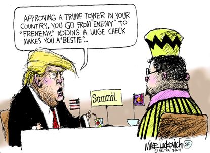 Political Cartoon U.S. President Trump international summit enemy country
