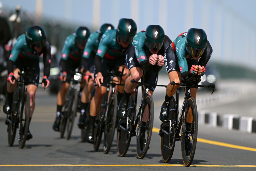 KHALIFA PORT UNITED ARAB EMIRATES FEBRUARY 21 Emanuel Buchmann of Germany and Team Bora Hansgrohe competing during the 5th UAE Tour 2023 Stage 2 a 173km team time trial in Khalifa Port UAETour on February 21 2023 in Khalifa Port United Arab Emirates Photo by Dario BelingheriGetty Images