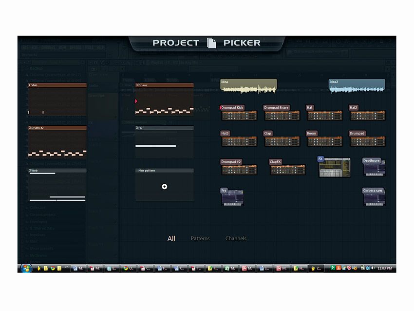 In the playlist, right-click the pattern selector and the Project Picker appears. Mouse over the clips to hear your patterns, then drag and drop onto the playlist.