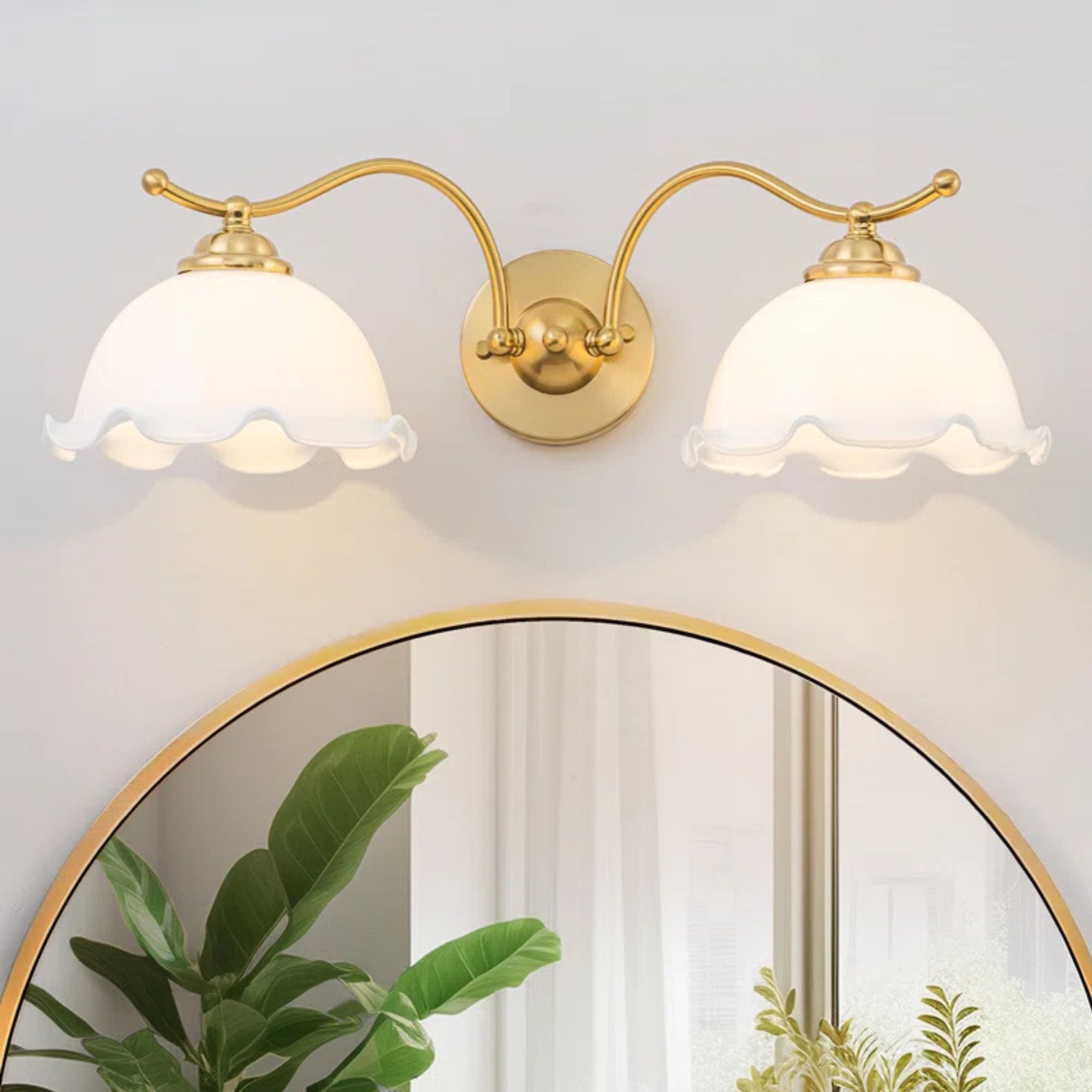 2-Light Gold Iron Wall Sconce With Flower Glass Shades