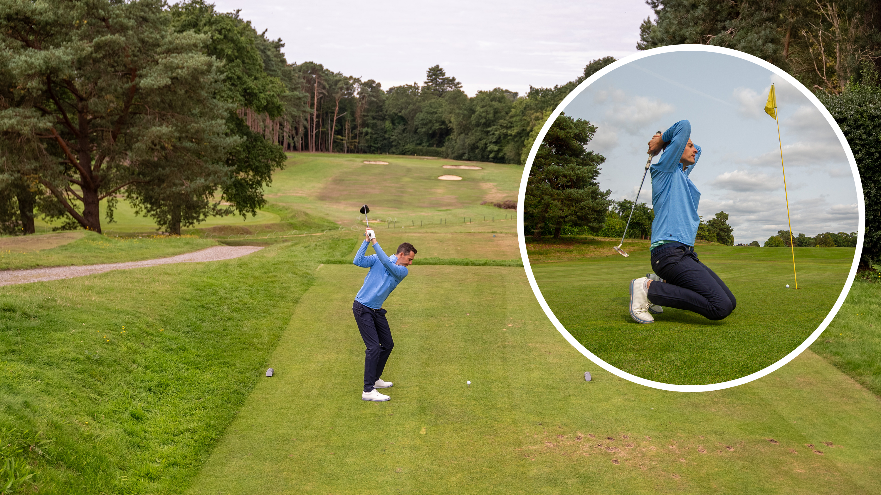 Joel Tadman hitting a tee shot with driver on a short par-4 hole, trying to make an eagle, with an inset image of Joel's putt falling agonisingly short as he cradles his head in his hands with his putter over his head in despair