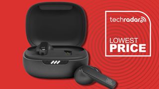 JBL Live Pro 2 in black on red background with TR's Lowest Price badge