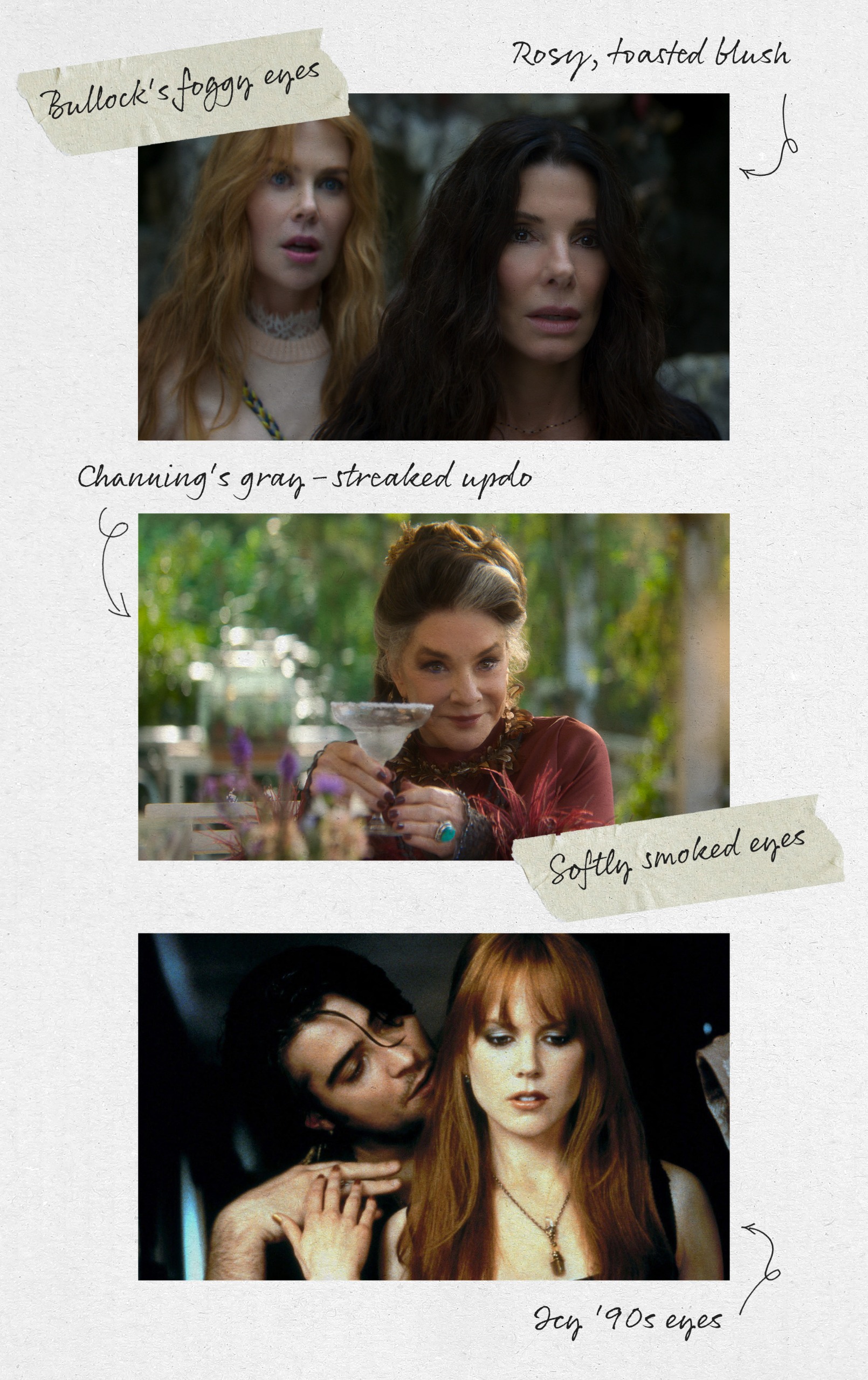 A collage of images from Practical Magic (1998) and Practical Magic 2 (2026) starring Nicole Kidman, Sandra Bullock, Stockard Channing, and more.