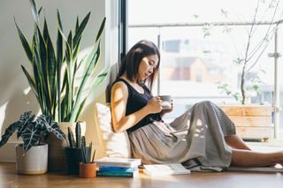 Young woman drinking coffee next to a houseplant, reading books