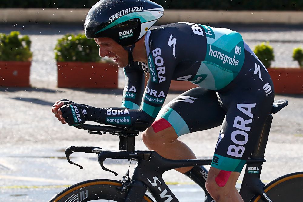 Rafal Majka rides to the finish of the Tirreno-Adriatico team time trial after crashing with a spectator