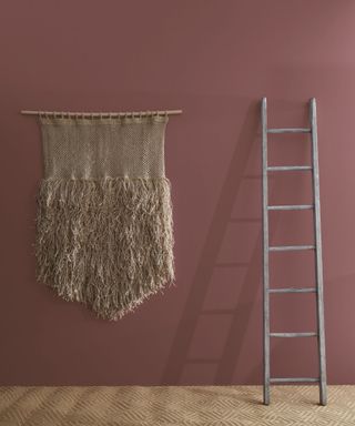 dark pink wall with beige carpet floor, wooden ladder and decorative cloth hung on wall