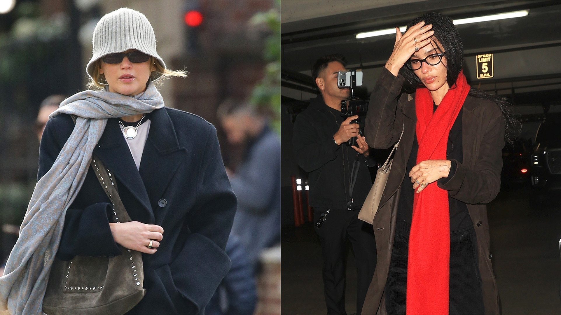 Jennifer Lawrence and Zoe Kravitz wearing big scarves