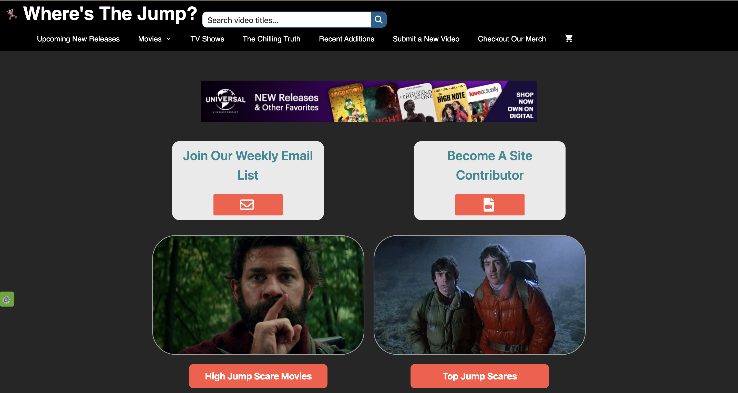 Where's The Jump? homepage featuring sections about High Jump Scare Movies and Top Jump Scares