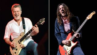 (left) Eddie Van Halen onstage with Van Halen at Music Midtown at Piedmont Park on September 19, 2015 in Atlanta, Georgia. (right) John Frusciante during Red Hot Chili Peppers at The Arena at Gwinnett - October 26, 2006.