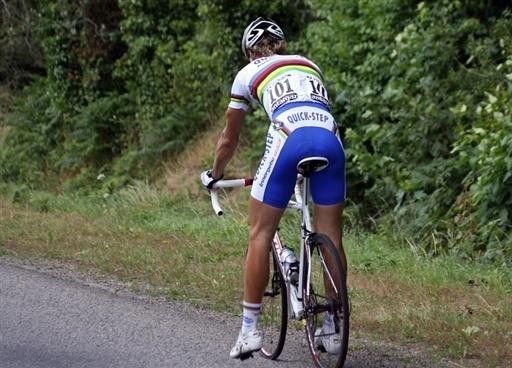 Tom Boonen (Quick.Step) punctures towards the end of the stage
