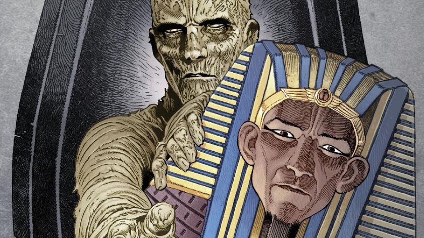 The Mummy steps out of its sarcophagus.