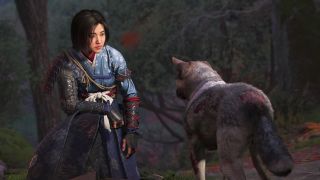 Assassin's Creed Shadows Thrown to the Dogs - Naoe crouching to face the dog Tsuki-maru.