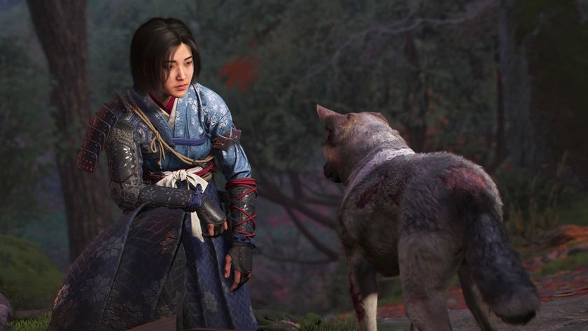 Assassin&#039;s Creed Shadows Thrown to the Dogs - Naoe crouching to face the dog Tsuki-maru.