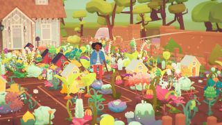 A crowd of creatures in Ooblets surrounding a player character