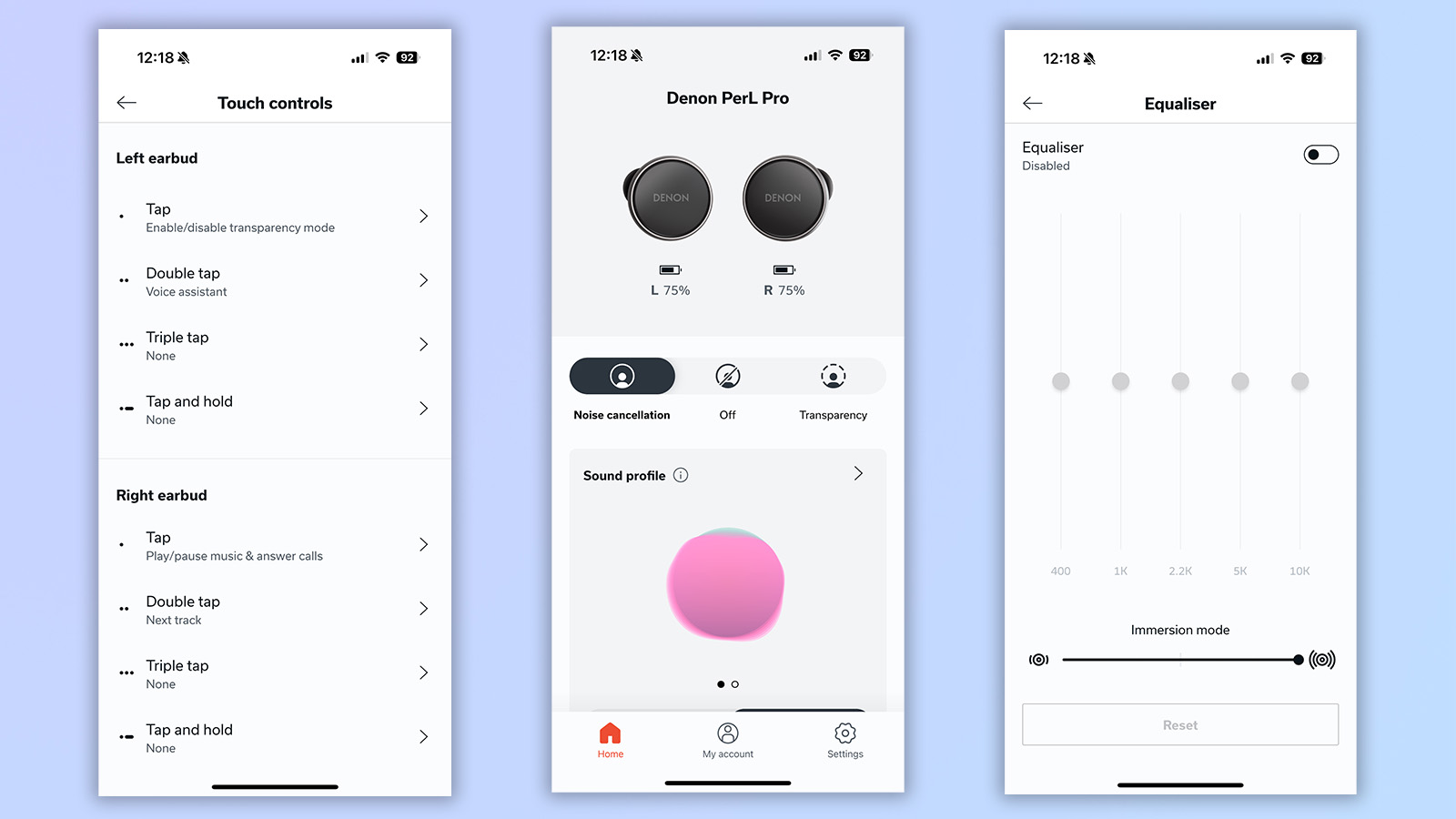 three screenshots from the denon app showing the home screen, touch control customization, and additional EQ bands