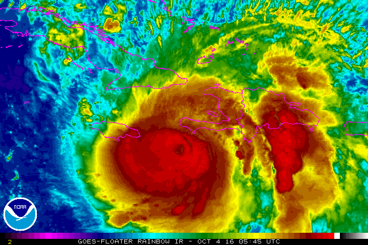 Hurricane Matthew: Oct. 4, 2016, 2:15 to 9:15 A.M. ET. Satellite image is in infrared with rainbow enhancement.