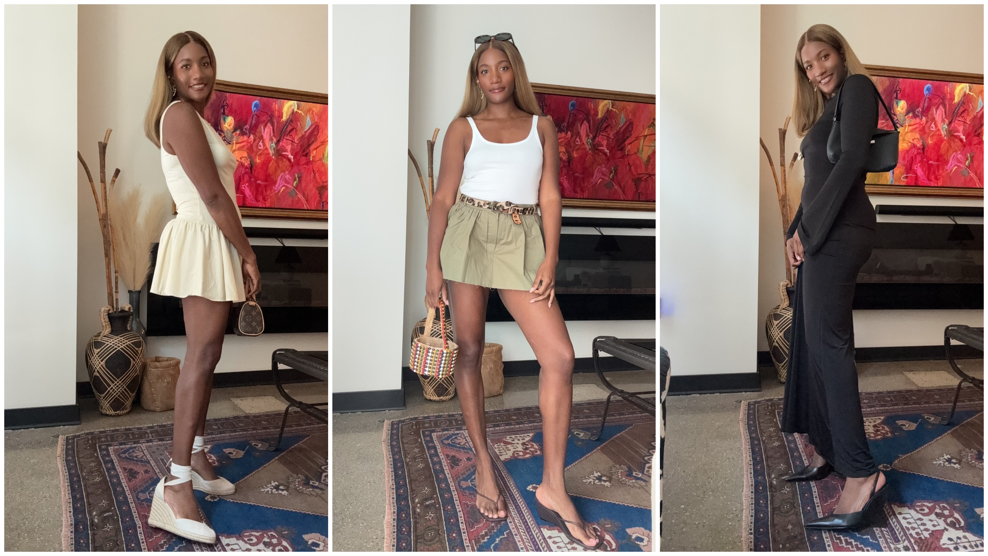 collage of Danielle Prescod wearing summer wedges