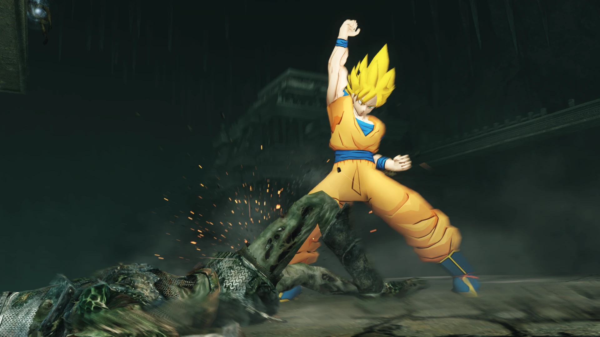 Goku uppercutting a hollow soldier in a modded version of Dark Souls 2.