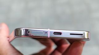 Closeup of USB-C port on Google Pixel 9 Pro XL.