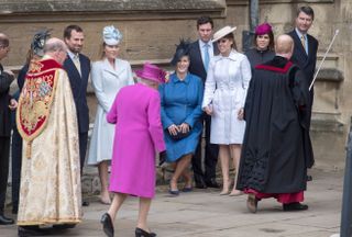 Peter Phillips and Autumn Phillips, Zara Tindall, Princess Beatrice, Princess Eugenie and her husband-to-be Jack Brooksbank greet the Queen as she arrives at the Easter Sunday service