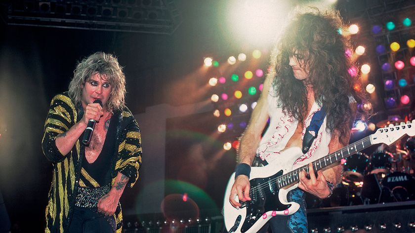 British musician Ozzy Osbourne and American guitarist Jake E. Lee perform at the Poplar Creek Music Theater in Hoffman Estates, Chicago, Illinois, July 13, 1986
