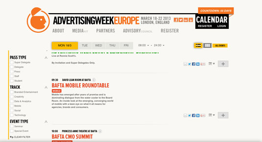 There's a handy calendar tab, showcasing all the important events over Advertising Week