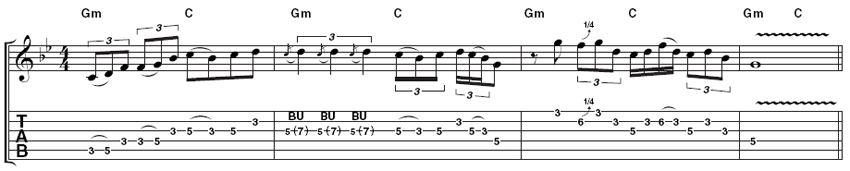 Example 1: Be sure to watch the video as well as looking at the tab because Rory's expressive pentatonic bursts are difficult to get a feel for from the printed page alone. Really 'push and pull' the timing of the triplets in bar 2 when you're playing.