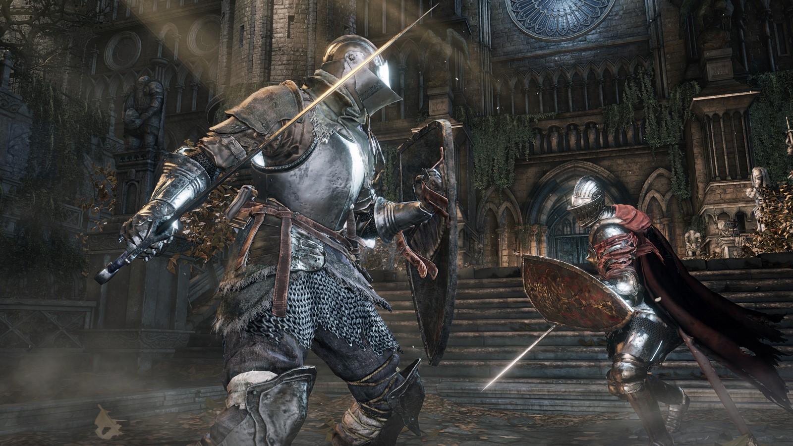 armored being on right fighting giant armored being on left
