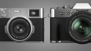 The Fujifilm X100VI and X-T30 II cameras on a grey background