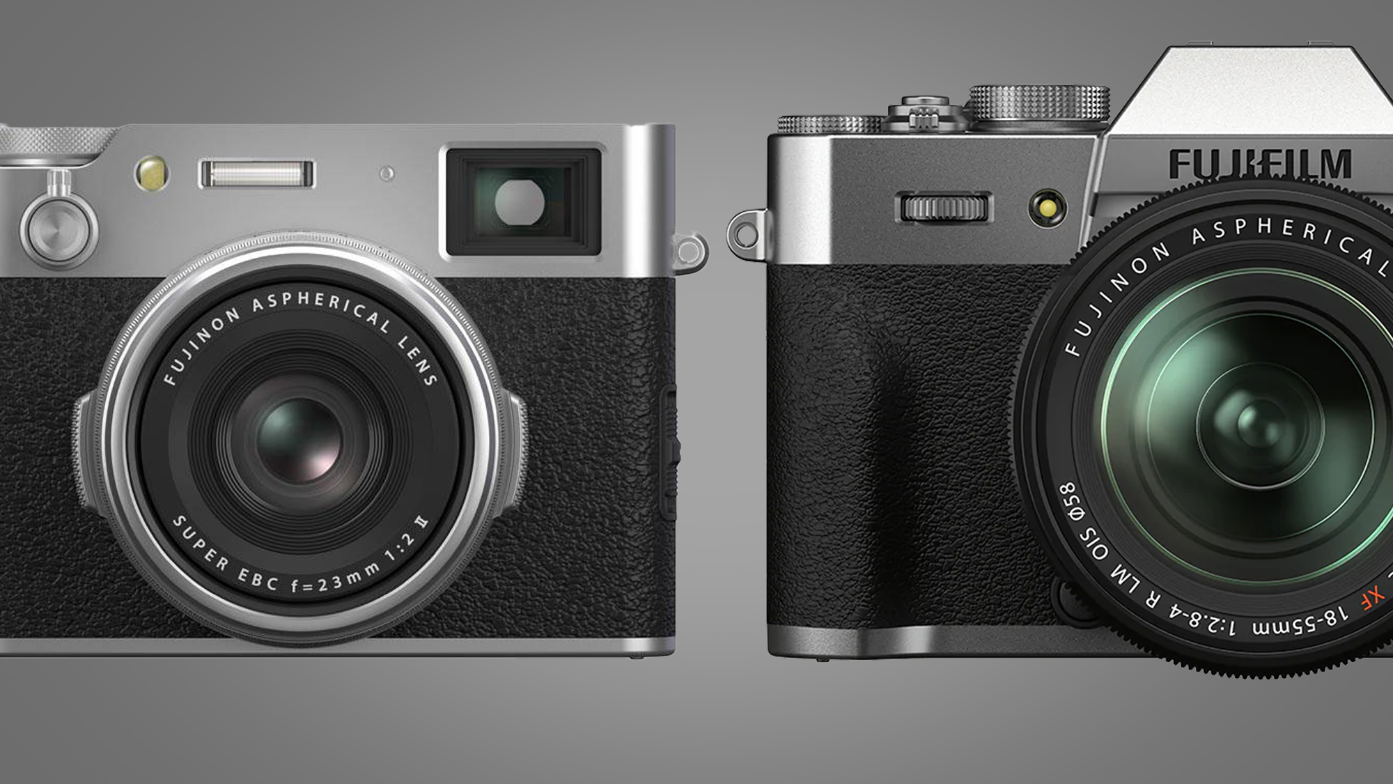 Les appareils Fujifilm X100VI et X-T30 II sur fond gris