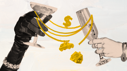 Illustration Art of two hands toasting with glasses of champagne. Gold chains are wrapped around the two glasses and on the chains, there are pendants resembling money, a car, and a house. The chain broke in the front and the pendants are dropping.