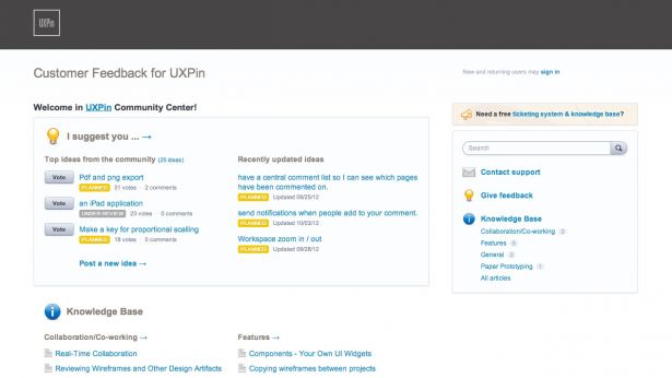 Setting up a forum on Uservoice is easy. In the photo: UXPin Uservoice Forum