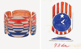 pink gold, coral rubrum, lapis lazuli and diamond bracelet and Bulgari Stars and Stripes sketch from the 1970s