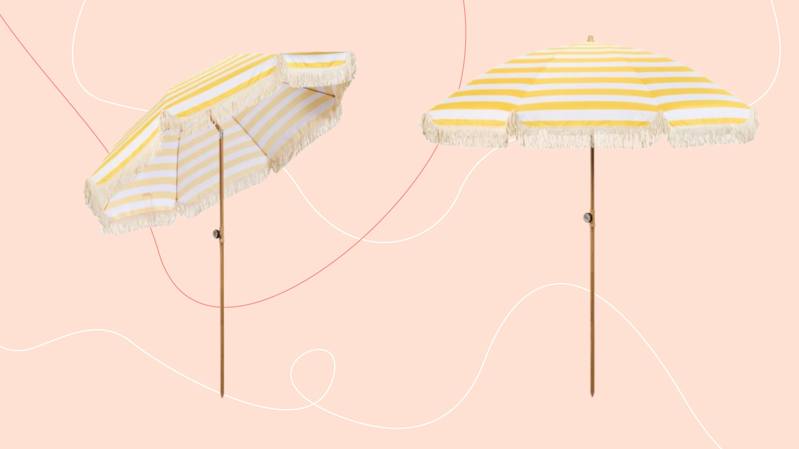 Livarno Home parasol in butter yellow on a pink background.