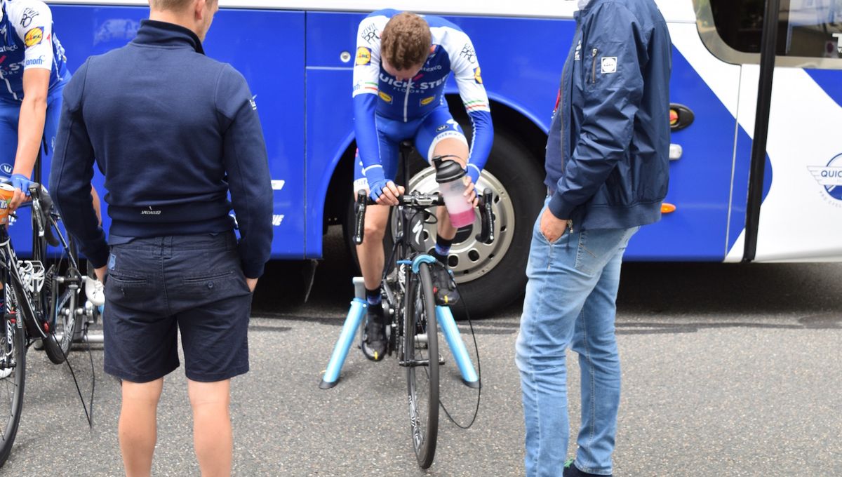 Dan Martin warms down on the bike following stage 1 of the race