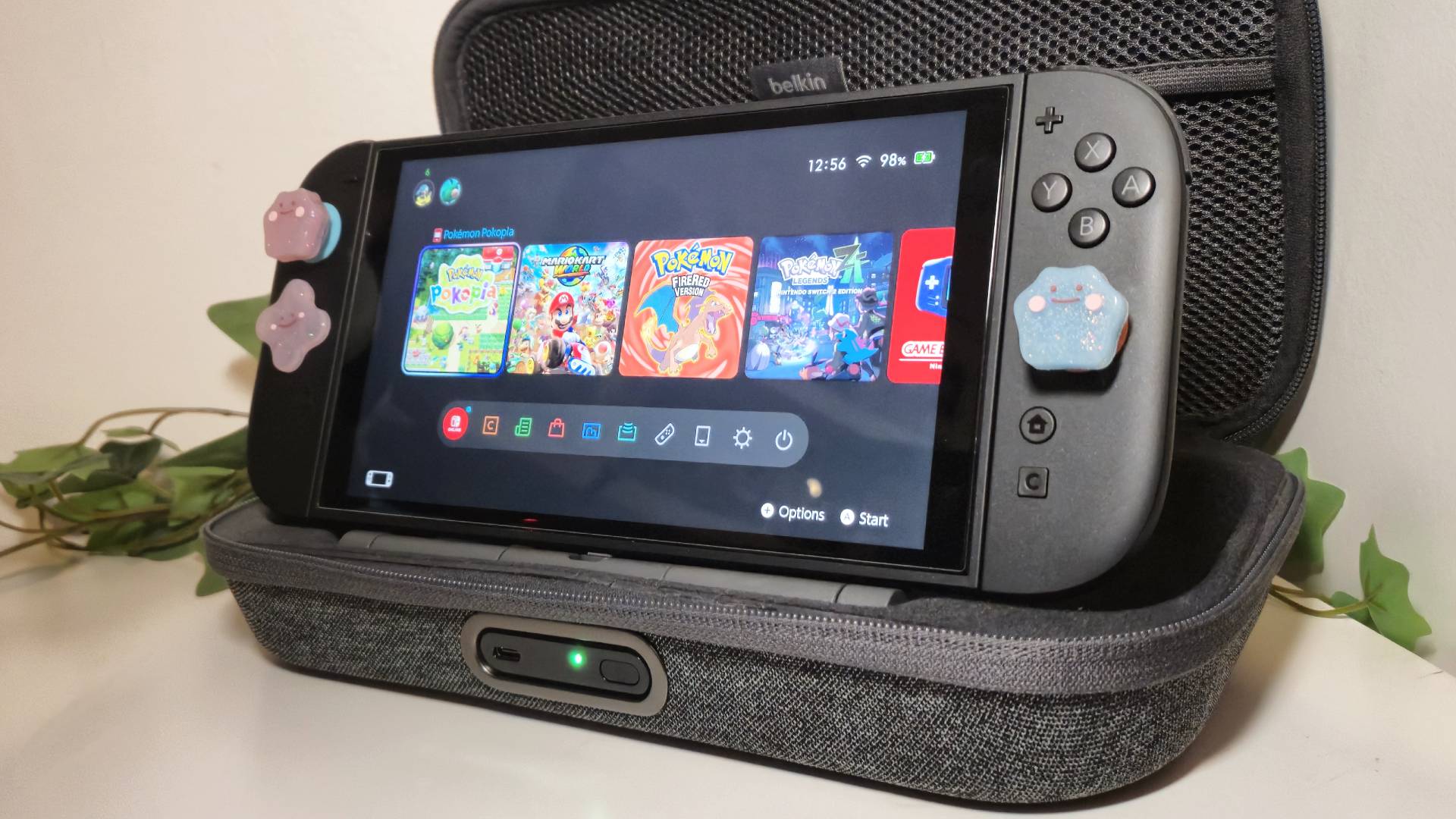 Photo of the Charging Case Pro stand sitting the Switch 2 upright inside the case.
