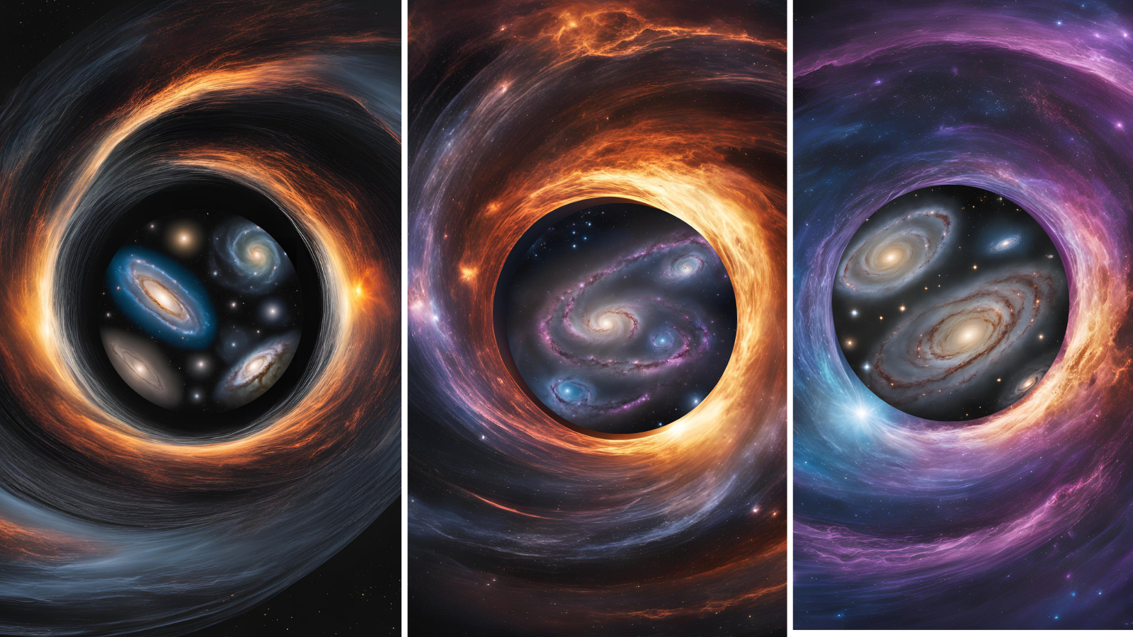 An illustration shows baby universe's sealed within the event horizons of black holes