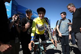 A very happy George Bennett (LottoNL-Jumbo) after the podium celebrations and collecting the yellow jersey