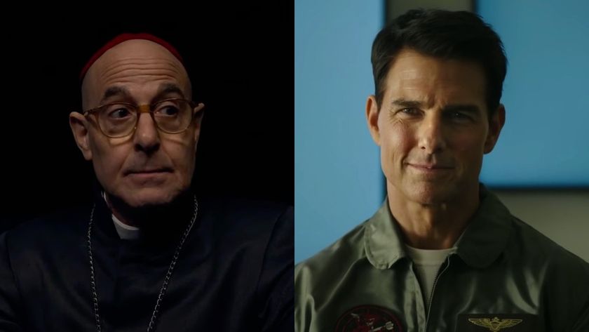 Cardinal Aldo Bellini (Stanley Tucci) speaks on Conclave, while Maverick (Tom Cruise) speaks on Top Gun: Maverick