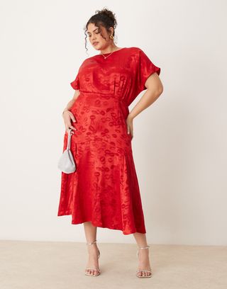 Never Fully Dressed Plus Embossed Satin Midaxi Dress in Red