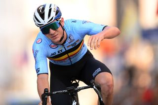 TRENTO ITALY SEPTEMBER 12 Remco Evenepoel of Belgium reacts after crosses the finishing line in second place during the 27th UEC Road Cycling European Championships 2021 Elite Mens Road Race a 1792km race from TrentoPiazza Duomo to TrentoPiazza Duomo UECcycling on September 12 2021 in Trento Italy Photo by Justin SetterfieldGetty Images