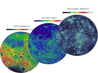 LOLA data from NASA's Lunar Reconnaissance Orbiter shows three complementary views of the near side of the moon: the topography (left) along with new maps of the surface slope values (middle) and the roughness of the topography (right). All three views ar